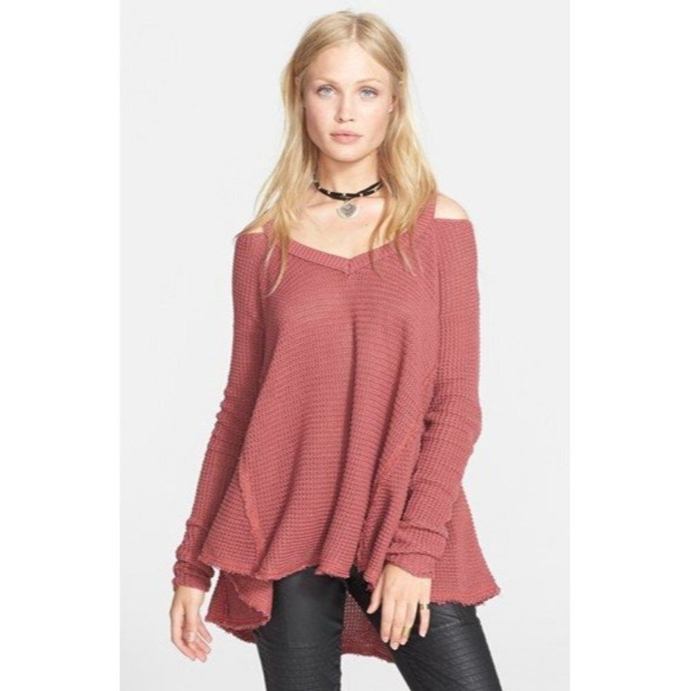 Free People Women's Moonshine V Neck Cold Shoulder Knit Sweater Pullover Small
